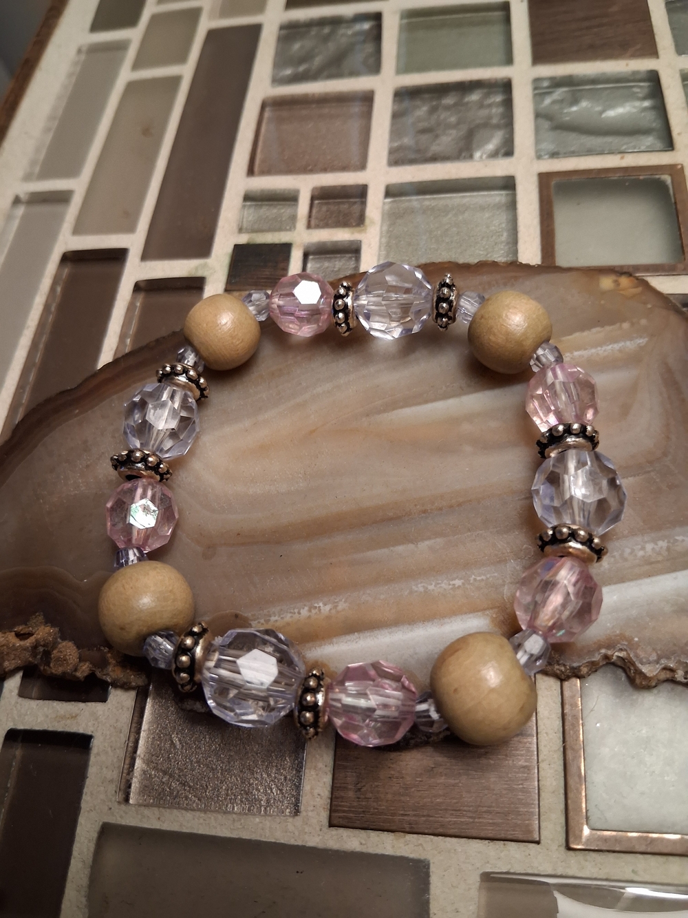 Beaded Stretch Bracelet with Pink and Clear Crystal Beads